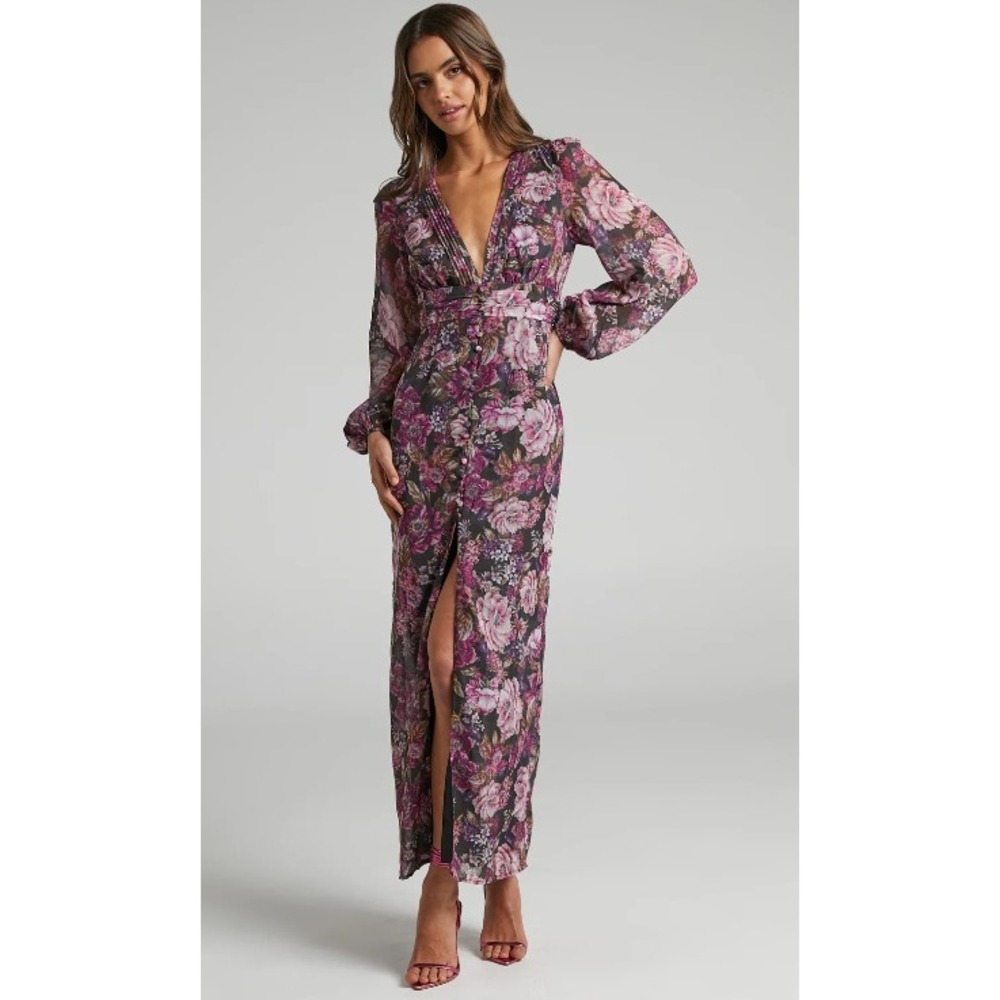 SHOWPO Lorelei Floral Chiffon Balloon Sleeve Maxi Dress Dark Romantic Pink Sz 6
